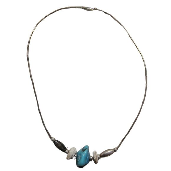 1970s Sterling Silver Liquid + Shell Beads + Turquoise Stone Necklace [Vintage] - Picture 4 of 5